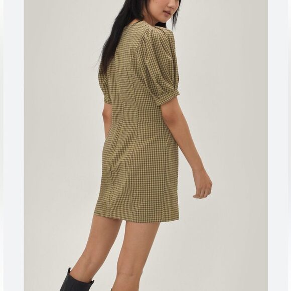 Nasty Gal Size 8 Puff‎ Sleeve Gingham Print Fitted Mini Dress Green Cottagecore - Picture 7 of 9